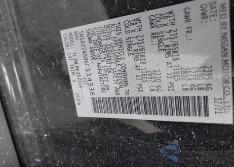 2022 Nissan Murano S Intelligent Awd из США, поврежденный, VIN 5N1AZ2AS0NC114538